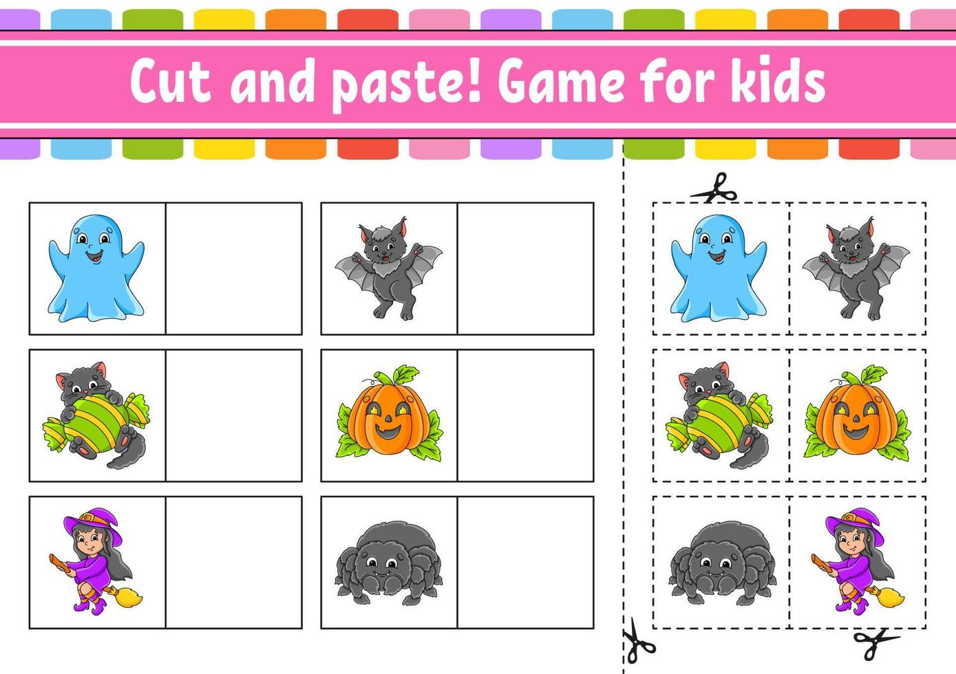 Cut and paste. Game for kids. Educational activity worksheet for kids and toddlers. Game for children. Vector illustration.