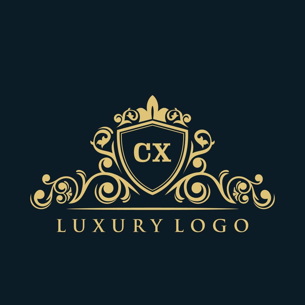 logotipo de la letra cx con escudo dorado de lujo. plantilla de vector de logotipo de elegancia.