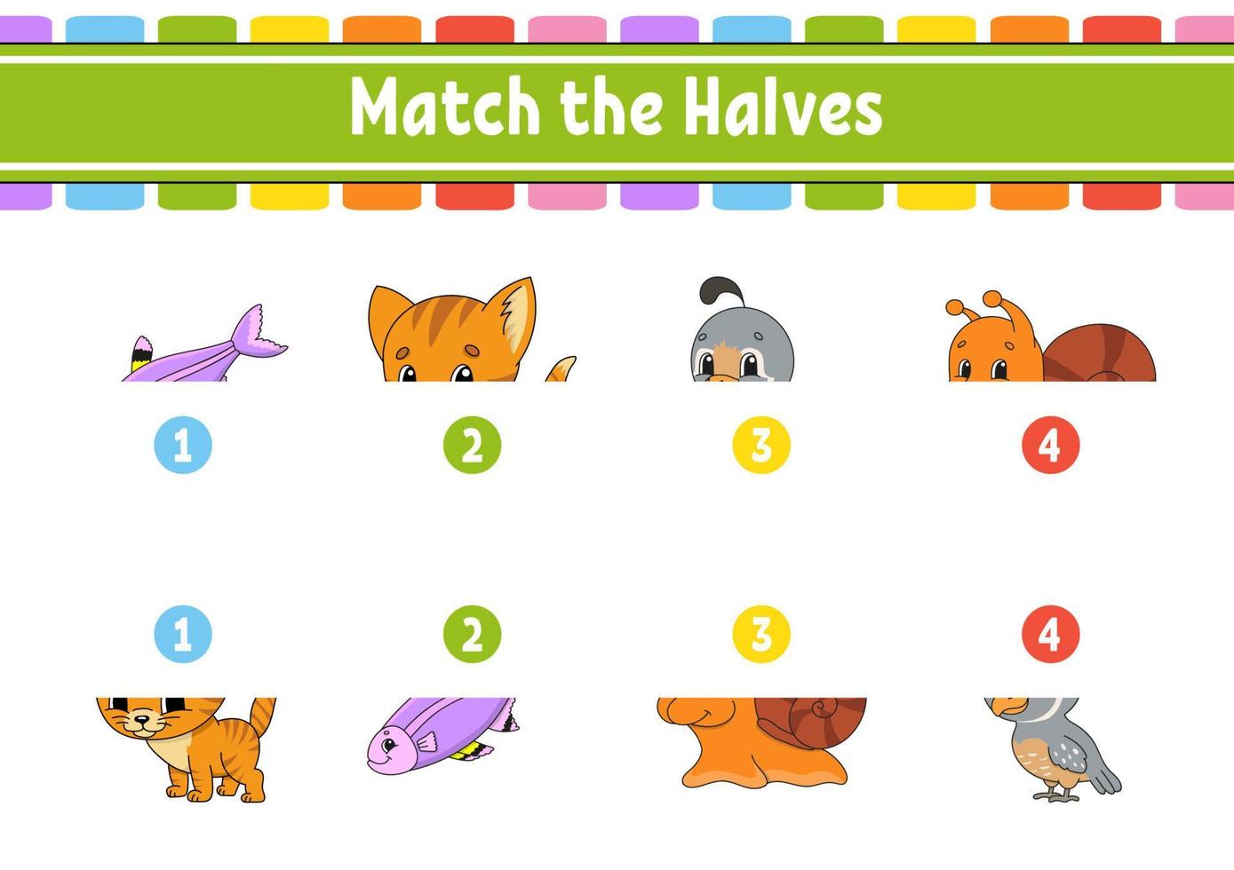 Match the halves. Education developing worksheet. Animal theme. Matching game for kids. Color activity page. Riddle for children. Cute character. Vector illustration. cartoon style.