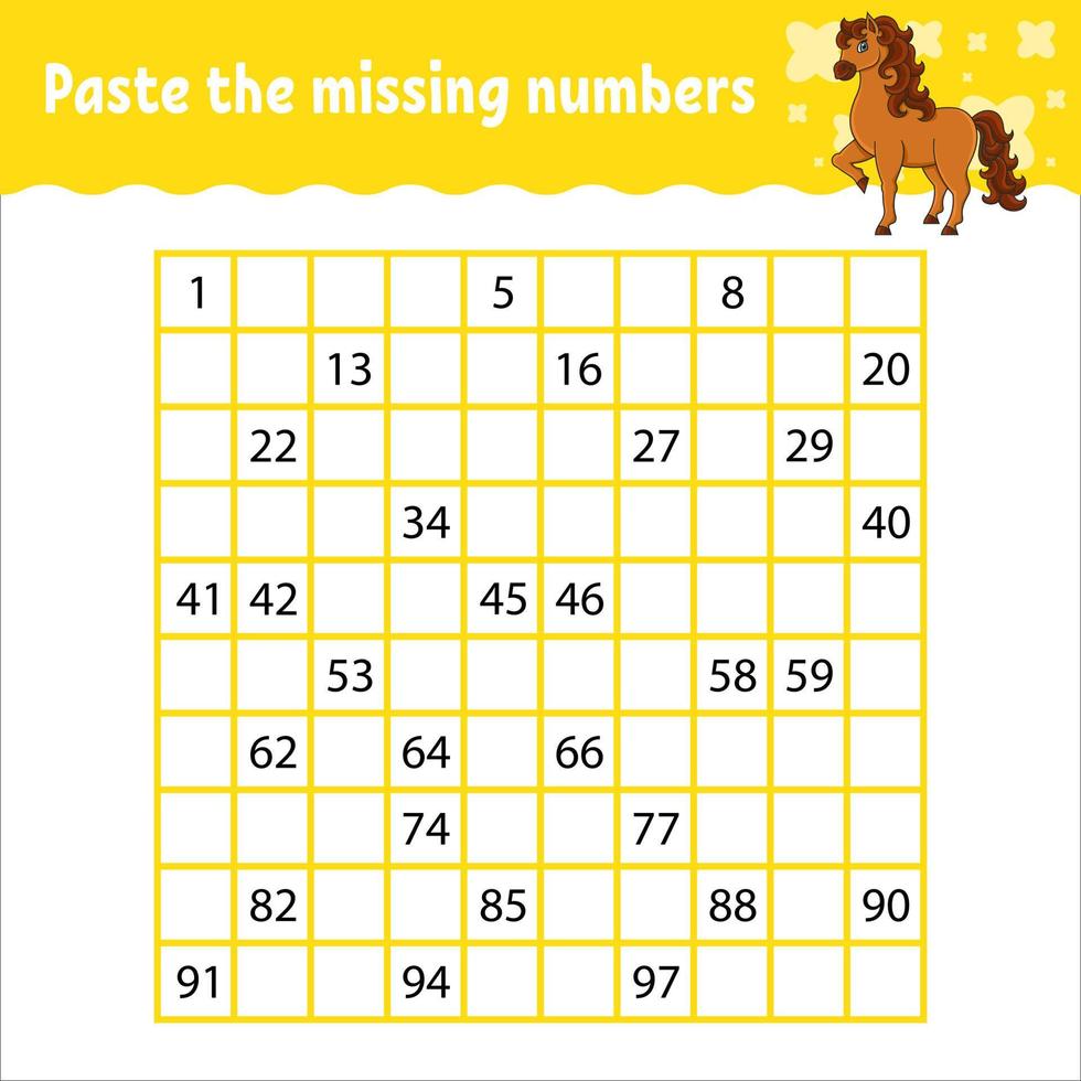 Paste the missing numbers from 1 to 100. Handwriting practice. Learning numbers for kids. Education developing worksheet. Activity page. Isolated vector illustration in cute coon style.