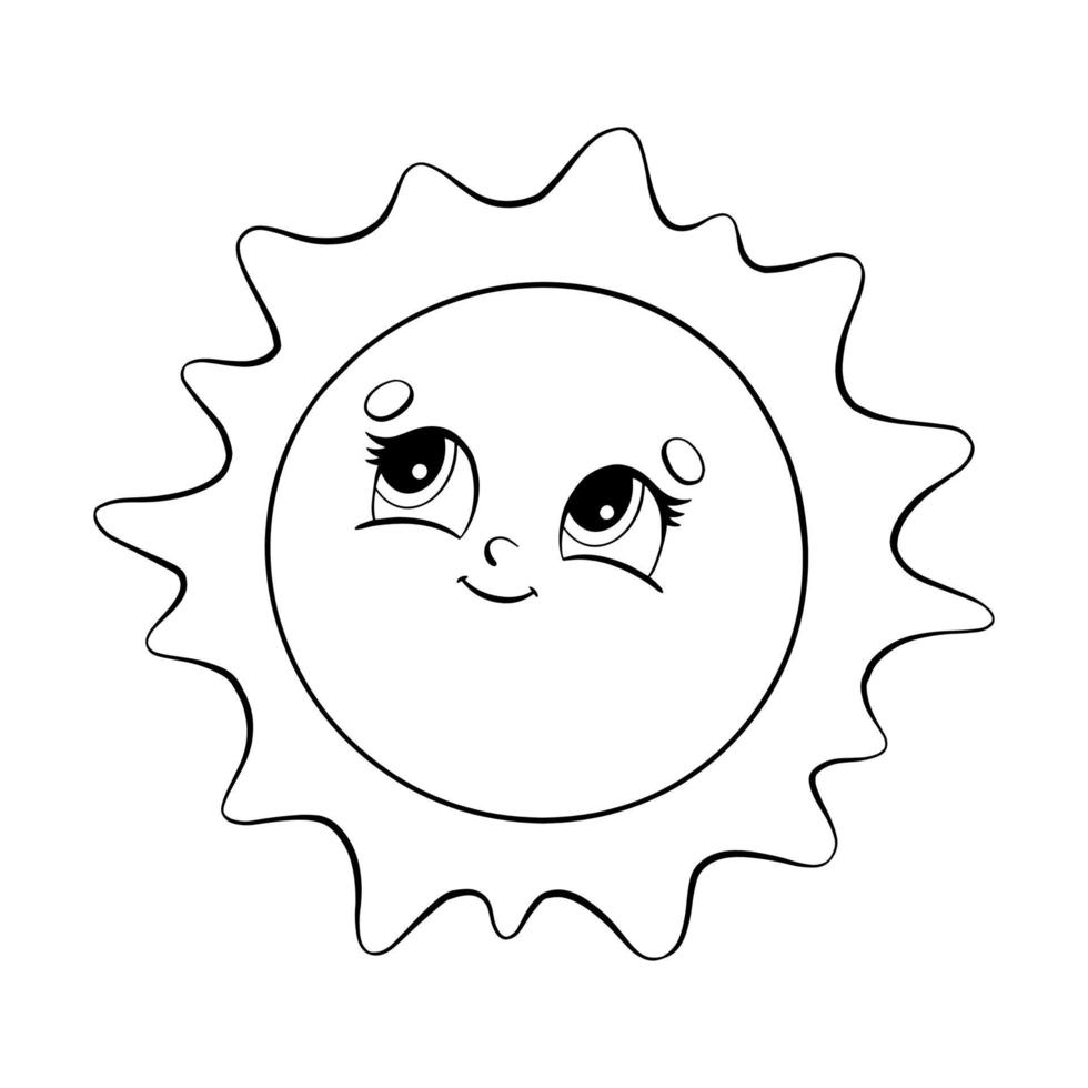 Coloring page for kids cute sun. Digital stamp. Cartoon style character. Vector illustration isolated on white background.