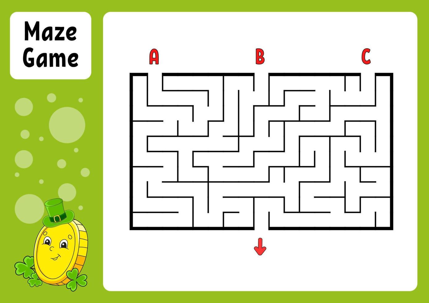 Rectangle maze. Game for kids. Three entrances, one exit. Education worksheet. Puzzle for children. Labyrinth conundrum. Color vector illustration. Find the right path. cartoon character.