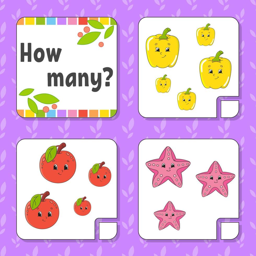 Counting game for children. Happy characters. Learning mathematics. How many object in the picture. Education worksheet. With space for answers. Isolated vector illustration in cute cartoon style.