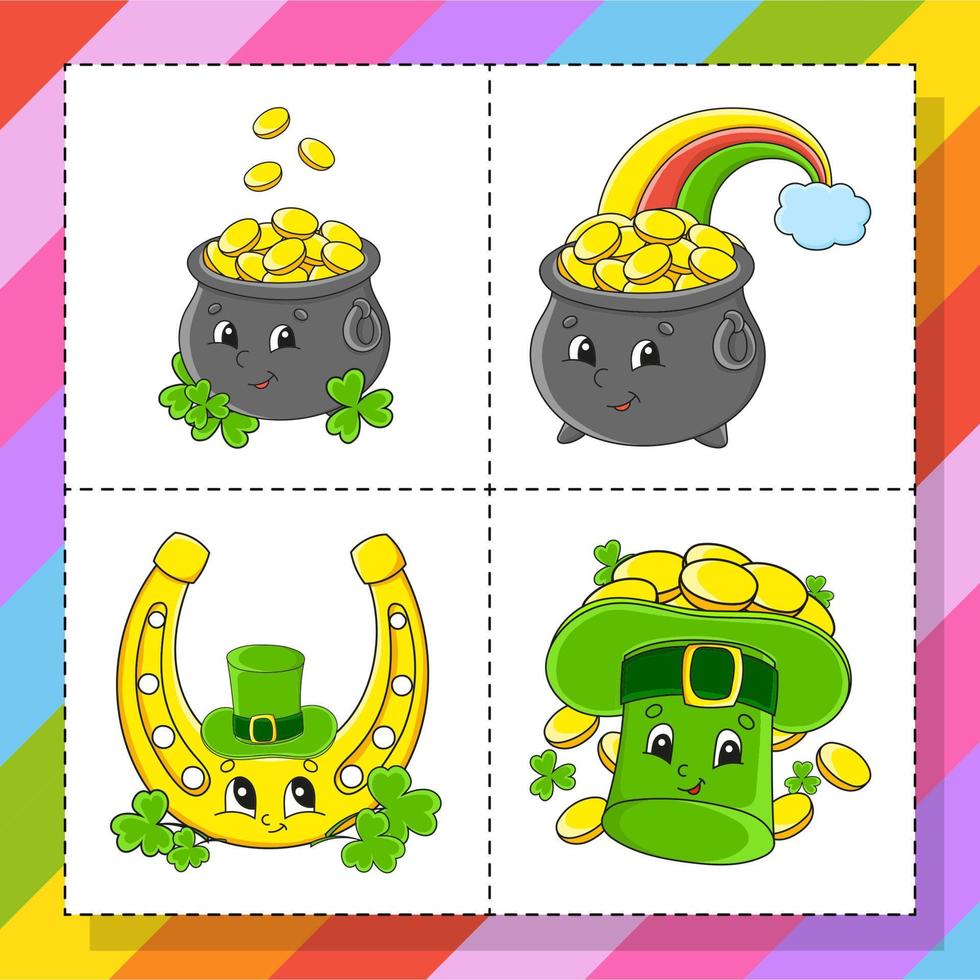 Set of stickers with cute cartoon characters. Hand drawn. Colorful pack. Vector illustration. Patch badges collection for kids. St. Patrick's day.