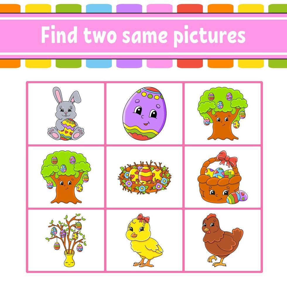 Find two same pictures. Task for kids. Education developing worksheet. Activity page. Color game for children. Easter theme. Funny character. Isolated vector illustration. cartoon style.