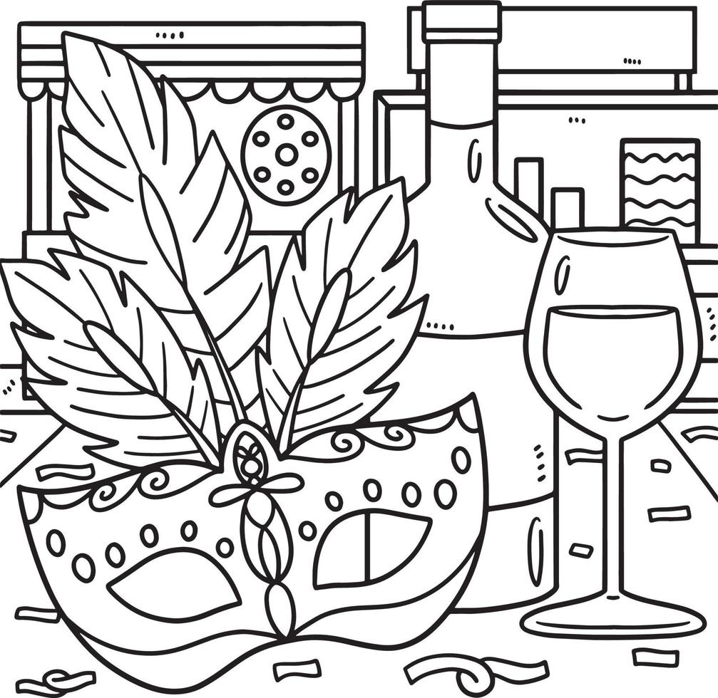 Mardi Gras Mask And Wine Coloring Page for Kids vector