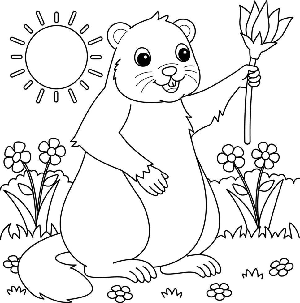 Groundhog Holding Flower Coloring Page for Kids vector