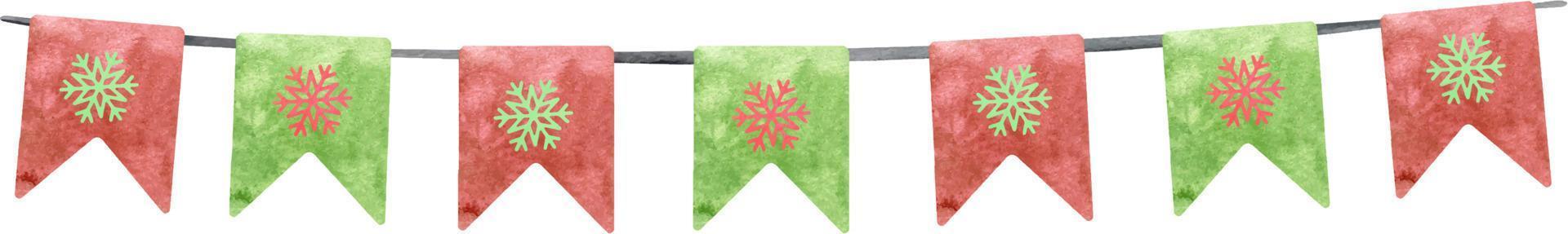 Watercolor green and red Christmas bunting flags with snowflakes vector
