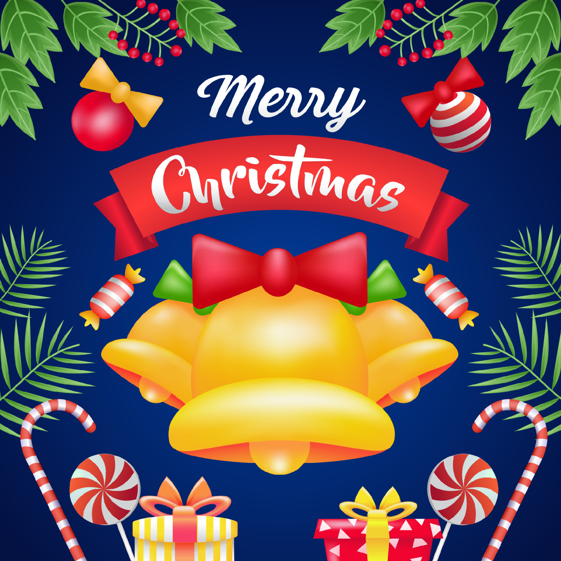 merry-christmas-3d-illustration-of-bells-candy-and-gifts-13730886