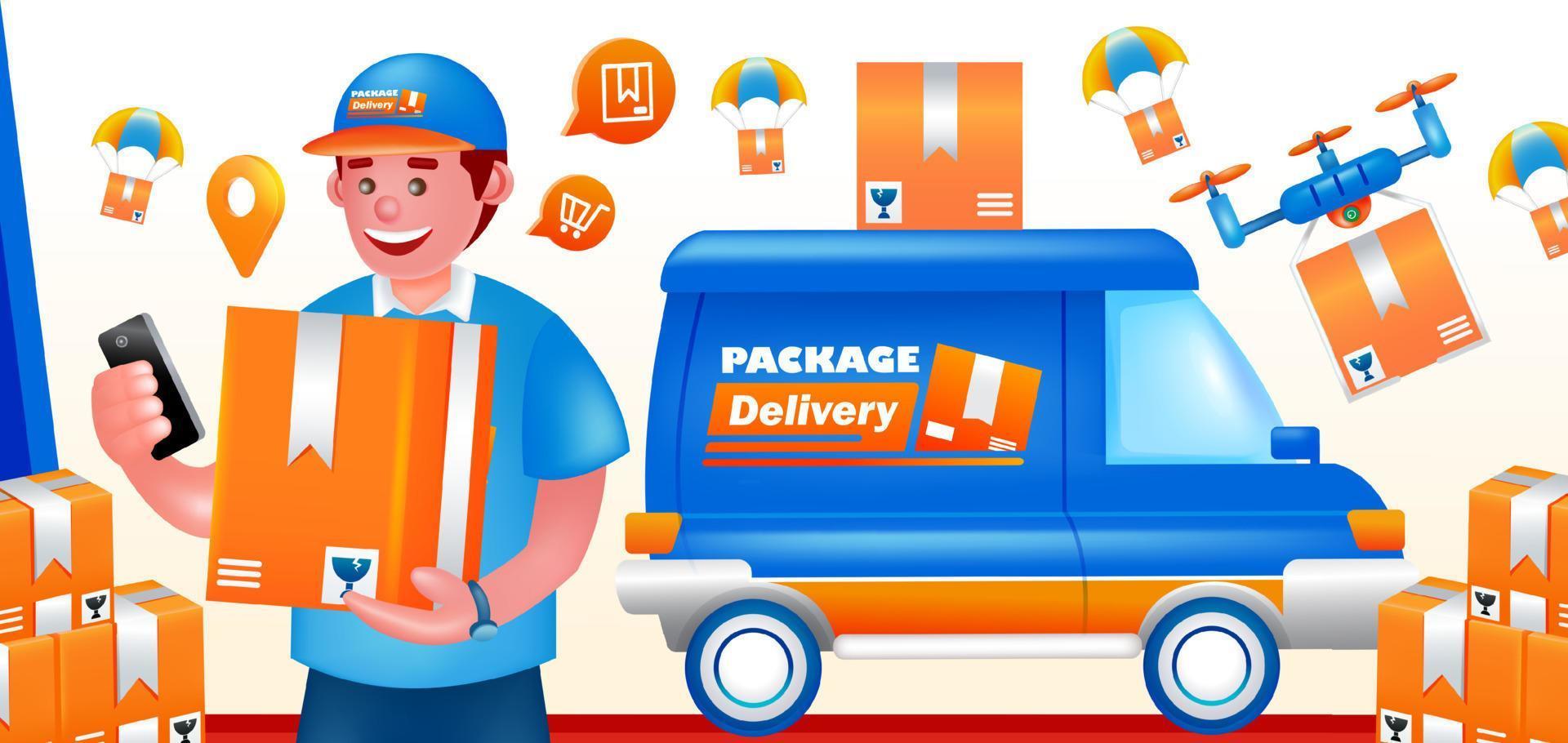 Package Delivery, courier and transportation 3d illustration vector