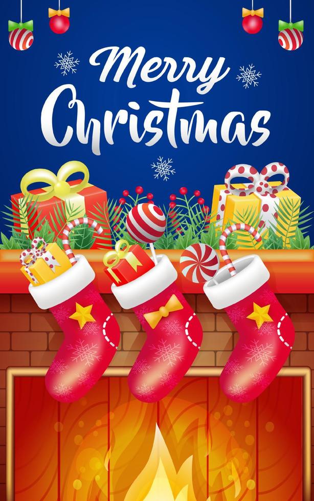 Feliz Navidad. 3d ilustración de calcetines rojos, regalos, dulces y hogueras en un ambiente cálido vector