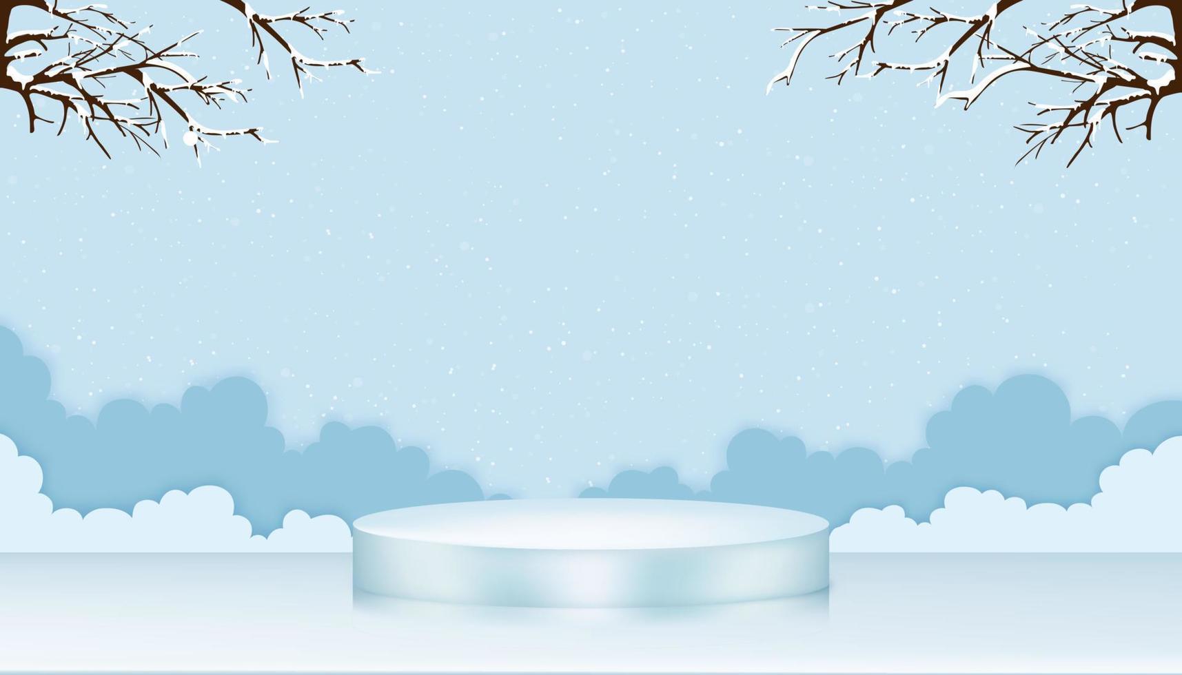 Merry Christmas background with 3D display cylinder shape and paper cut cloudscape with snowflakes decoration on blue sky, Vector illustration for Christmas or New Year banner or Greeting card