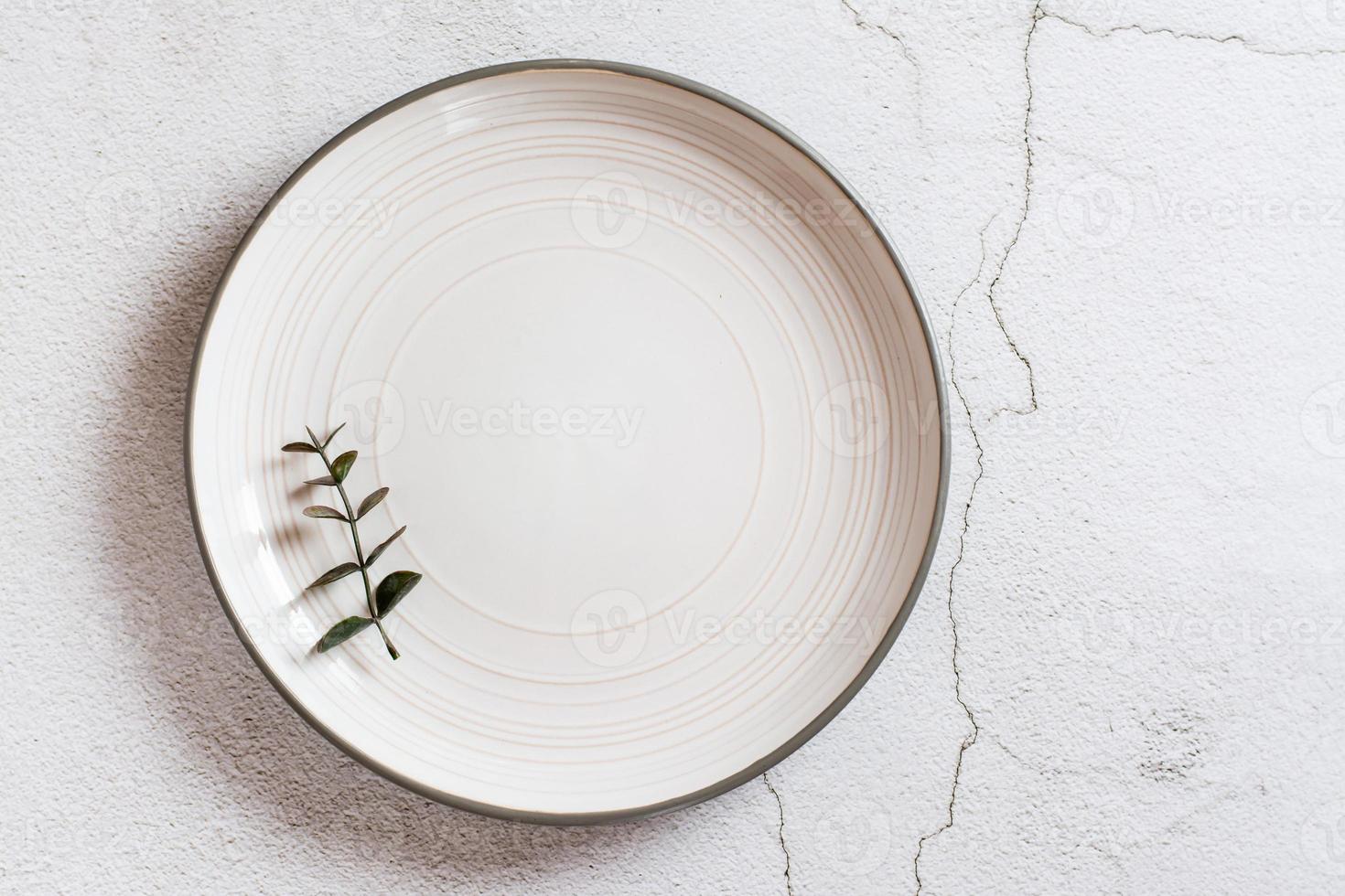 rama de eucalipto en un plato de cerámica vacío sobre un fondo gris. concepto ecológico. vista superior. foto