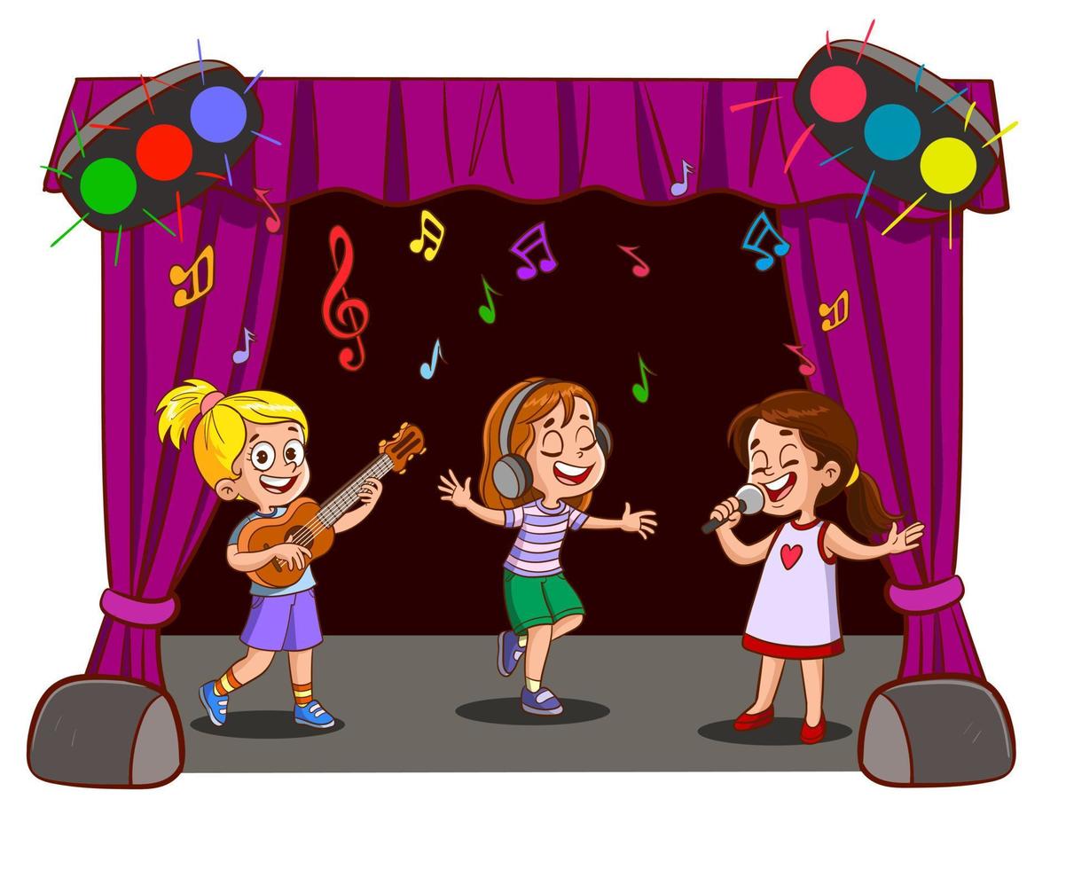 girls singing, dancing and playing guitar on stage. vector illustration