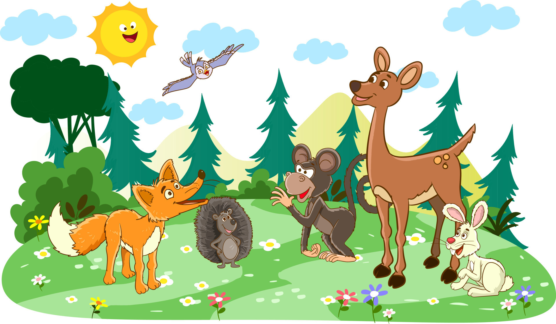 Forest animals set in forest background. Wild animals with nature
