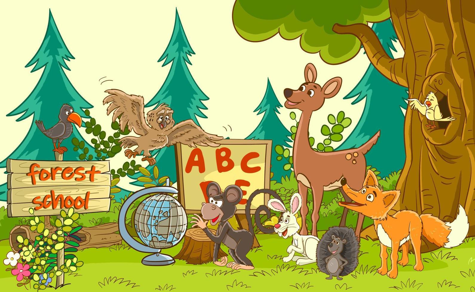 teaching time at school in the forest.owl teacher lectures students happy listening lesson.vector illustration vector