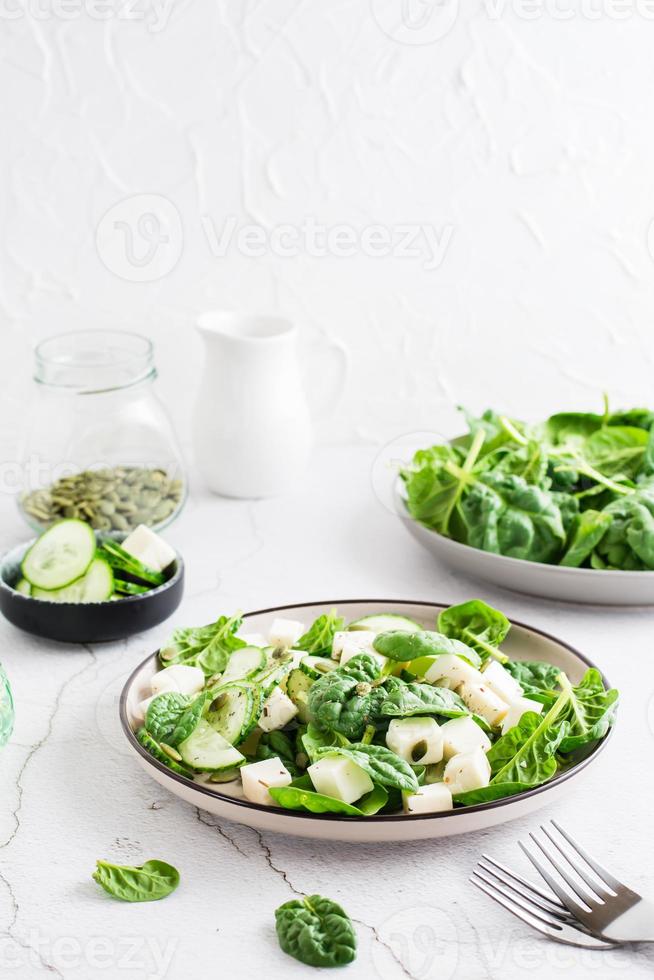 Fresh salad of cucumbers, spinach, cheese and pumpkin seeds in a plate. Vertical view. Copy space photo
