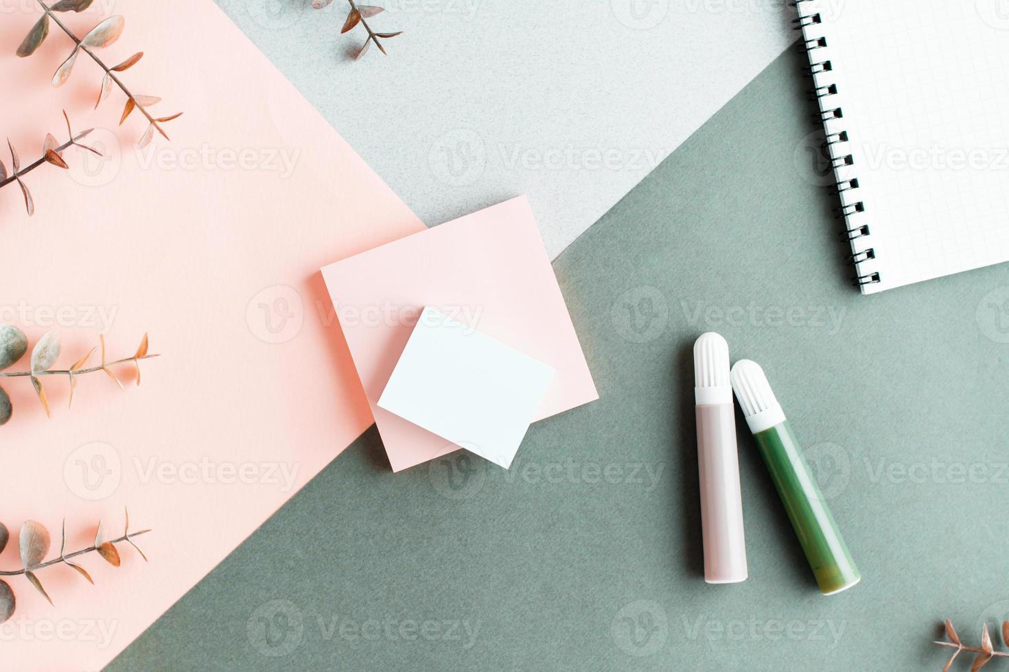 Blank paper for writing, notepad, felt-tip pens and eucalyptus branches on a colored background. Top view. photo