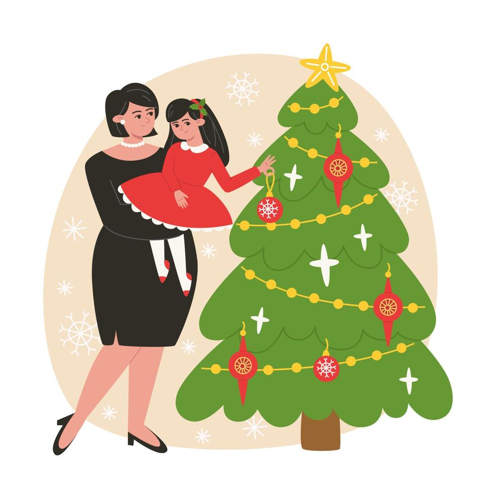 madre e hija decorando la ilustración del árbol de navidad en estilo plano vector