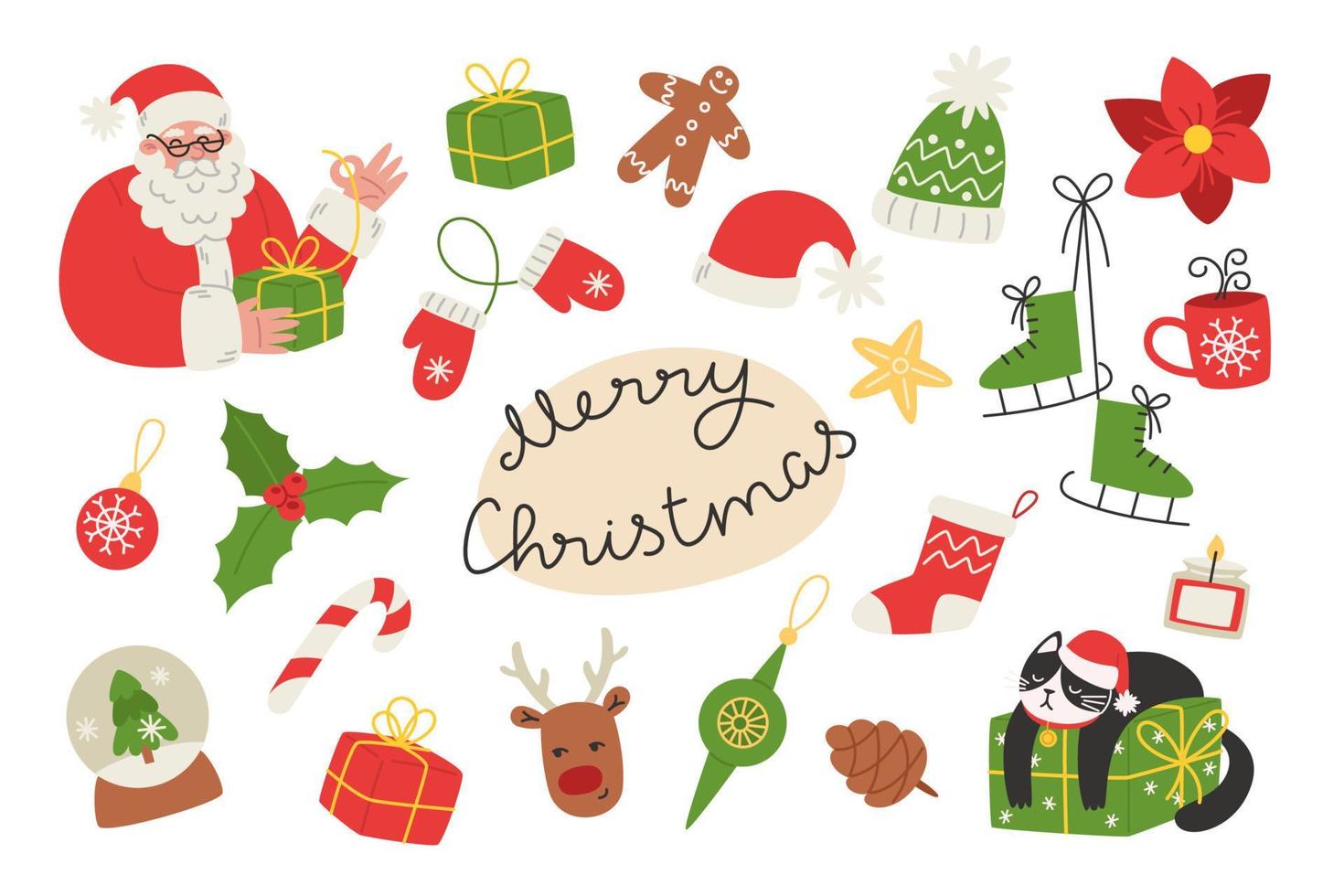 Christmas set of cute elements, vector illustration in flat style