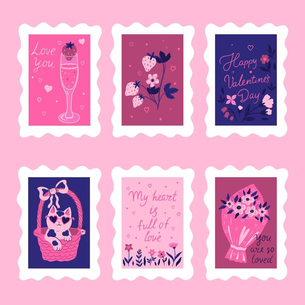 Stamp collection for valentine's day. Vector graphics.