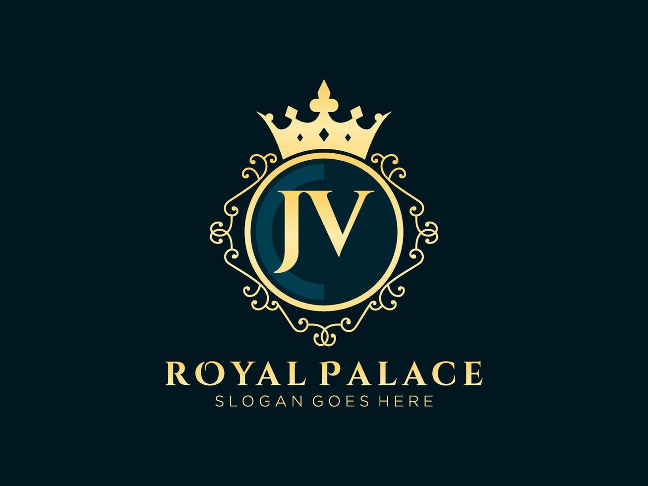 Letter JV Antique royal luxury victorian logo with ornamental frame. vector