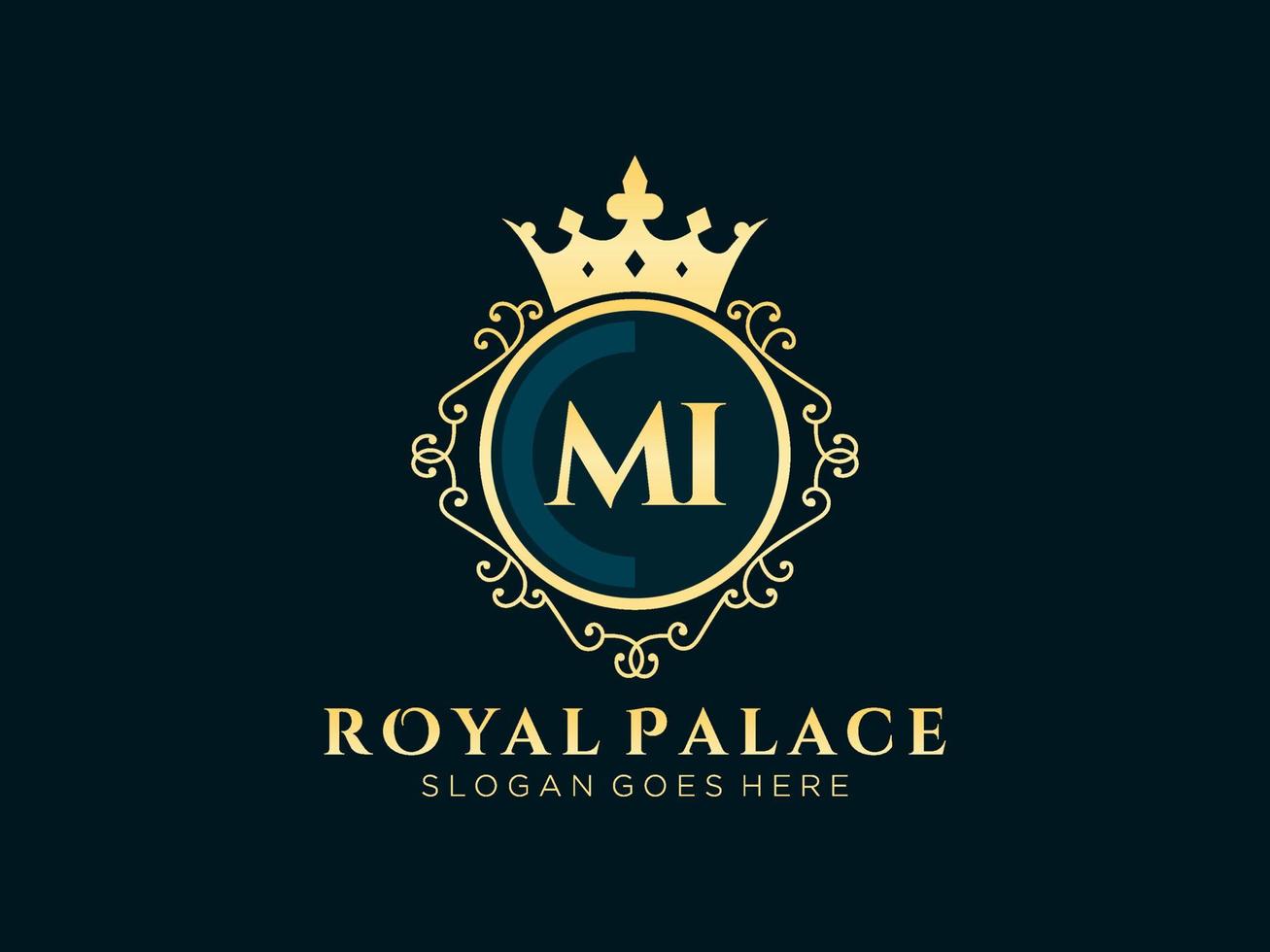 Letter MI Antique royal luxury victorian logo with ornamental frame. vector
