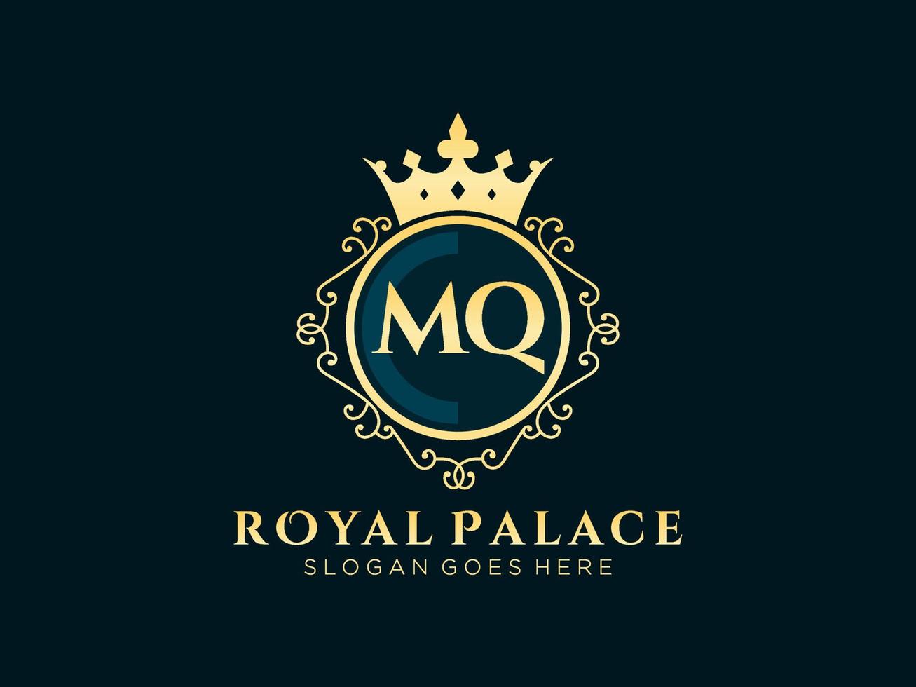 Letter MQ Antique royal luxury victorian logo with ornamental frame. vector