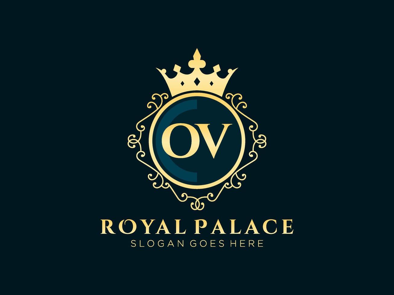 Letter OV Antique royal luxury victorian logo with ornamental frame. vector