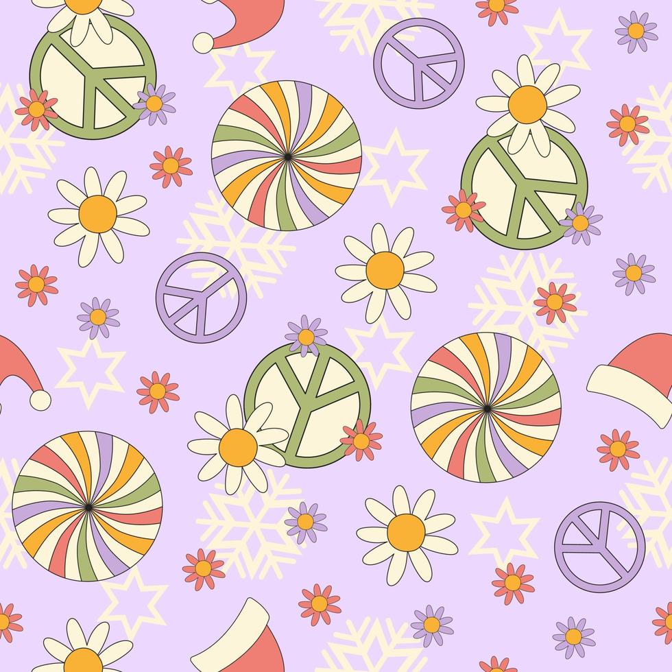 Hippie groovy christmas seamless pattern. Retro festive floral background in style 60s, 70s. Trendy vector illustration. Pastel colors