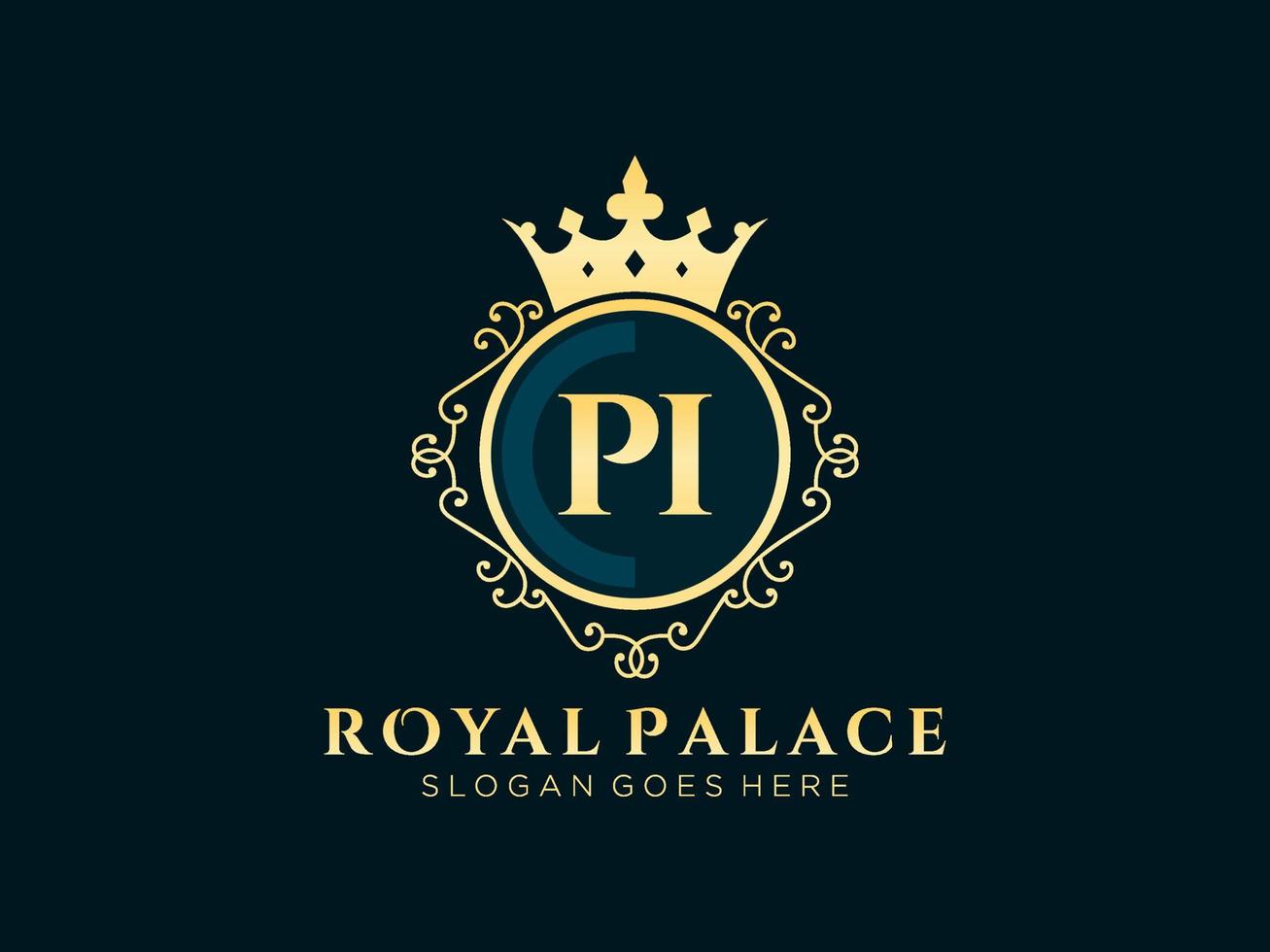 Letter PI Antique royal luxury victorian logo with ornamental frame. vector