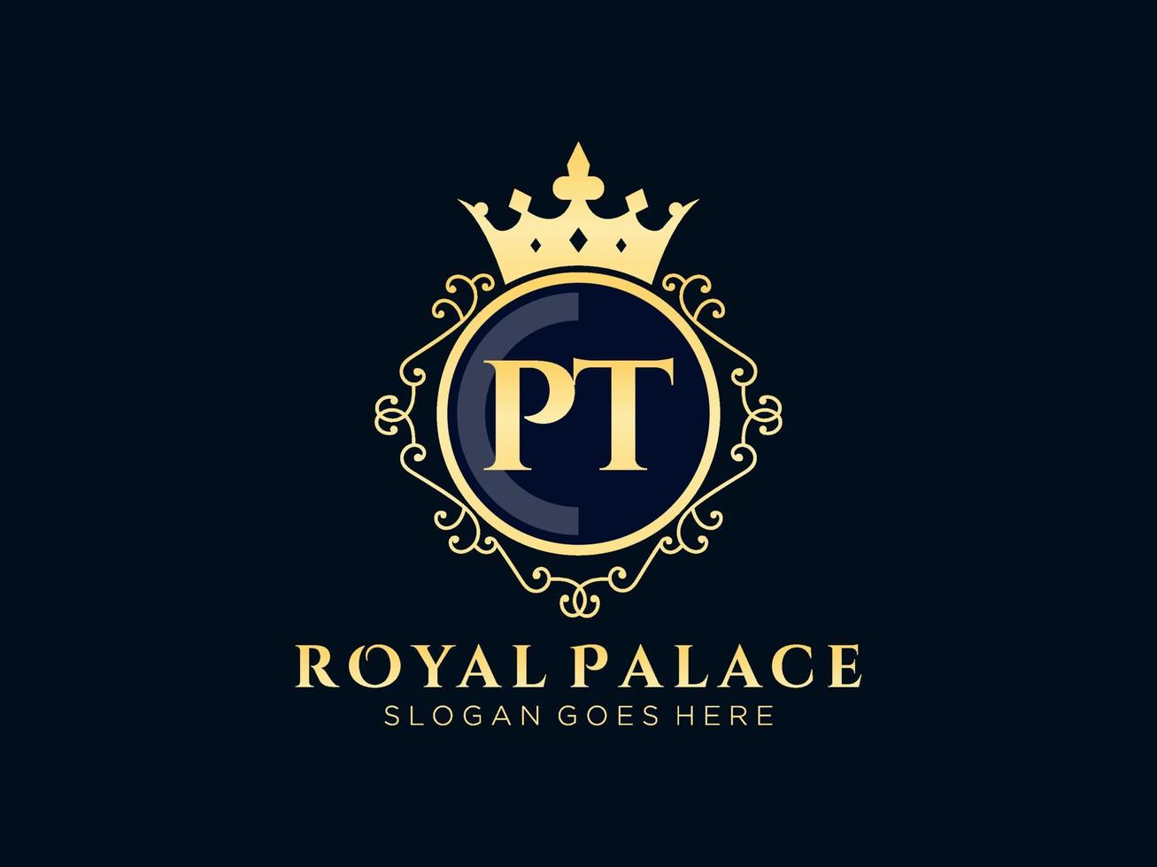 Letter PT Antique royal luxury victorian logo with ornamental frame. vector