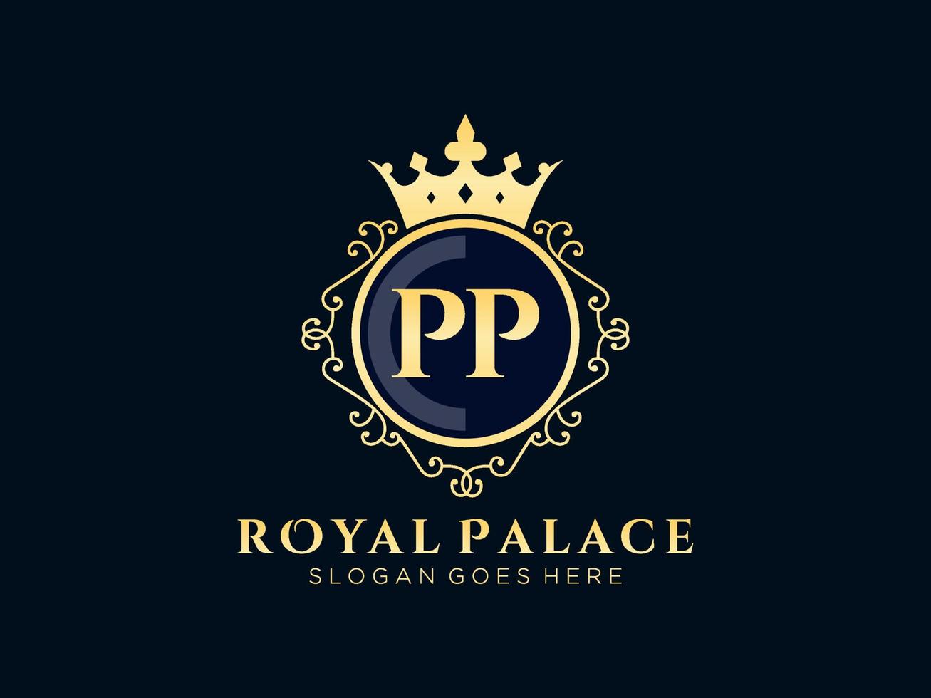 Letter PP Antique royal luxury victorian logo with ornamental frame. vector