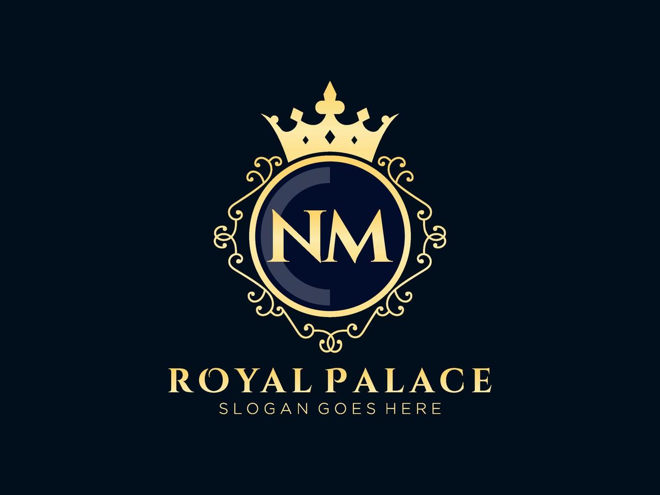 Letter NM Antique royal luxury victorian logo with ornamental frame. vector