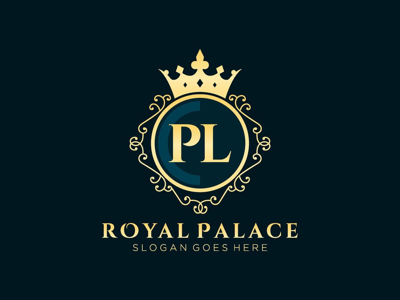 Letter PL Antique royal luxury victorian logo with ornamental frame. vector