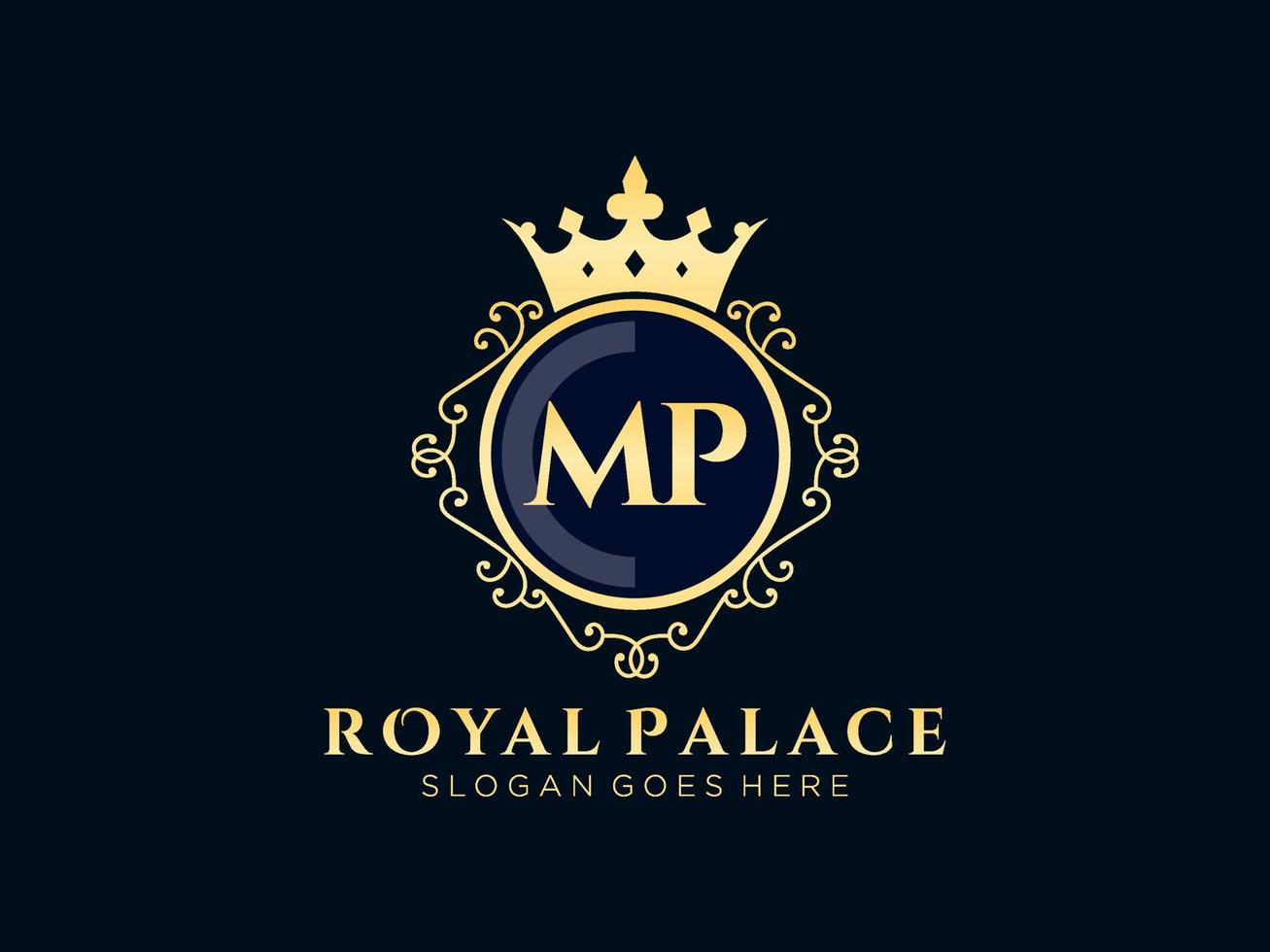 Letter MP Antique royal luxury victorian logo with ornamental frame. vector