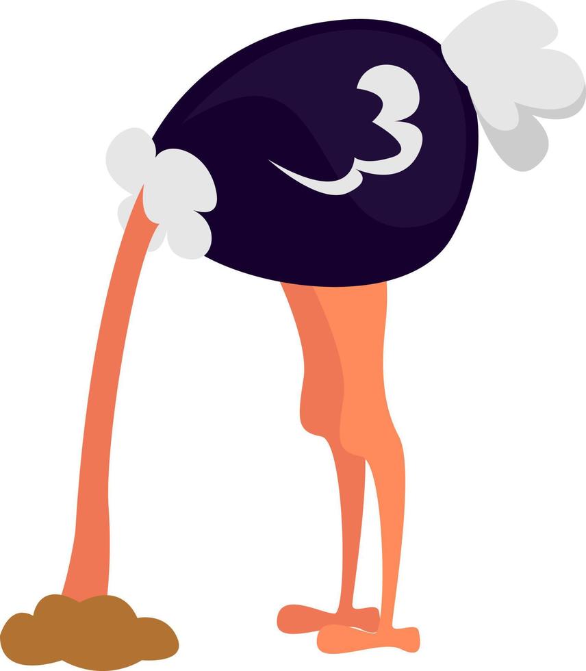 Ostrich with head in sand, illustration, vector on white background.