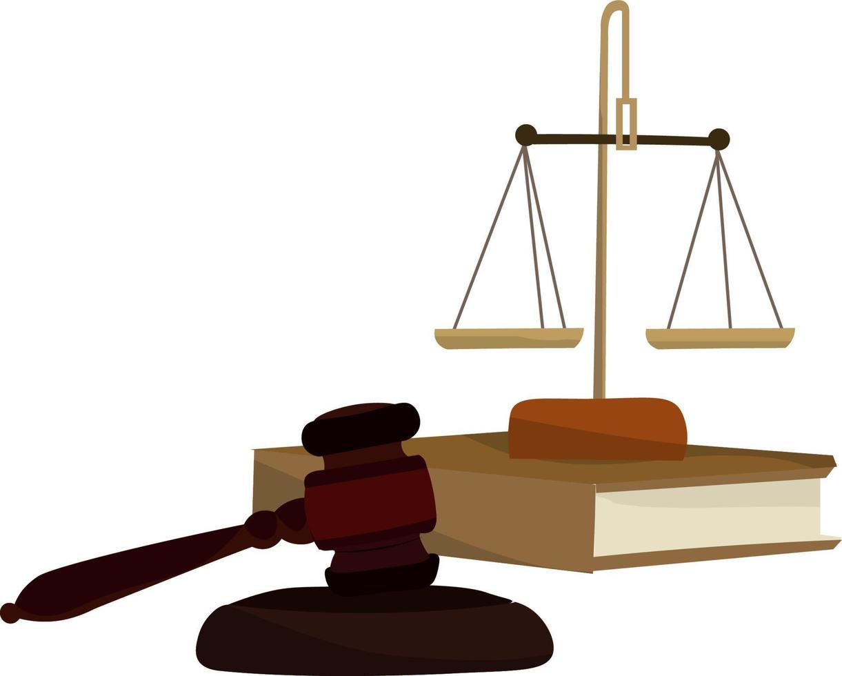 Gavel and scales on a book, illustration, vector on white background.
