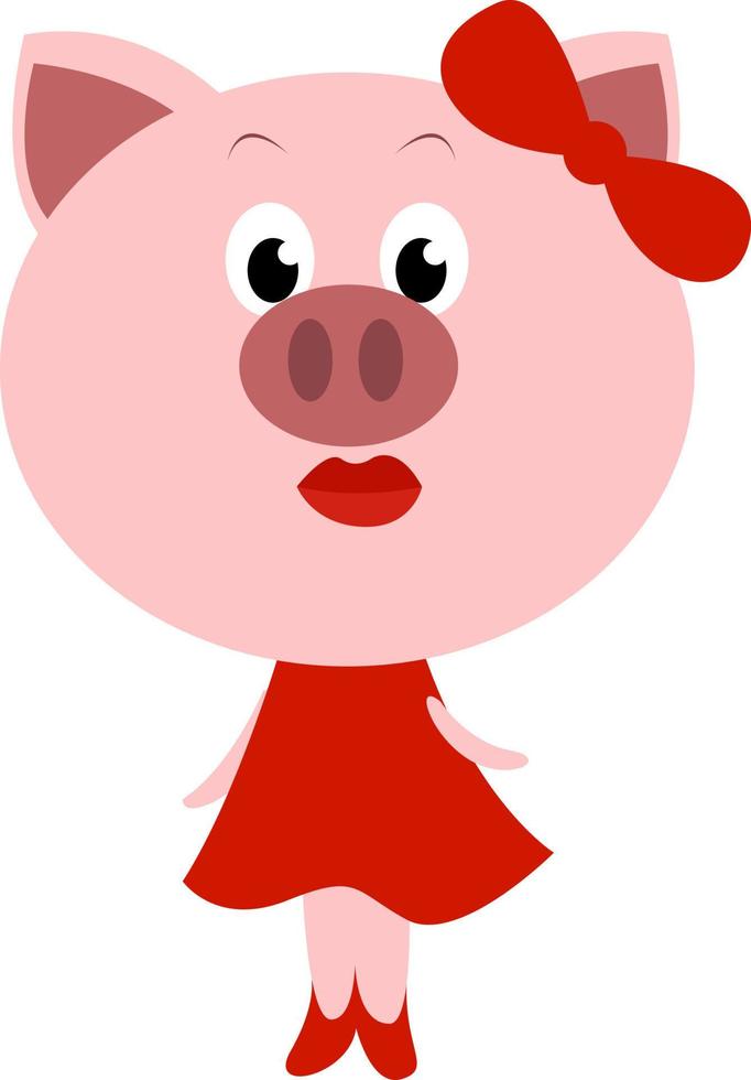 Pig with red bow, illustration, vector on white background.