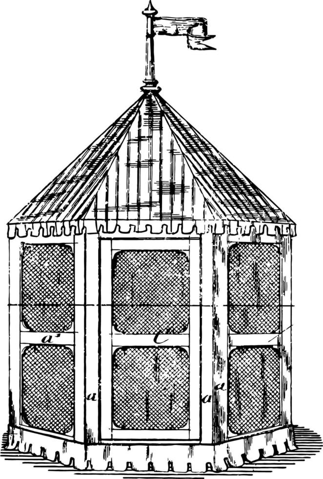 estructura de pabellón plegable de madera para crear un imponente grabado antiguo. vector