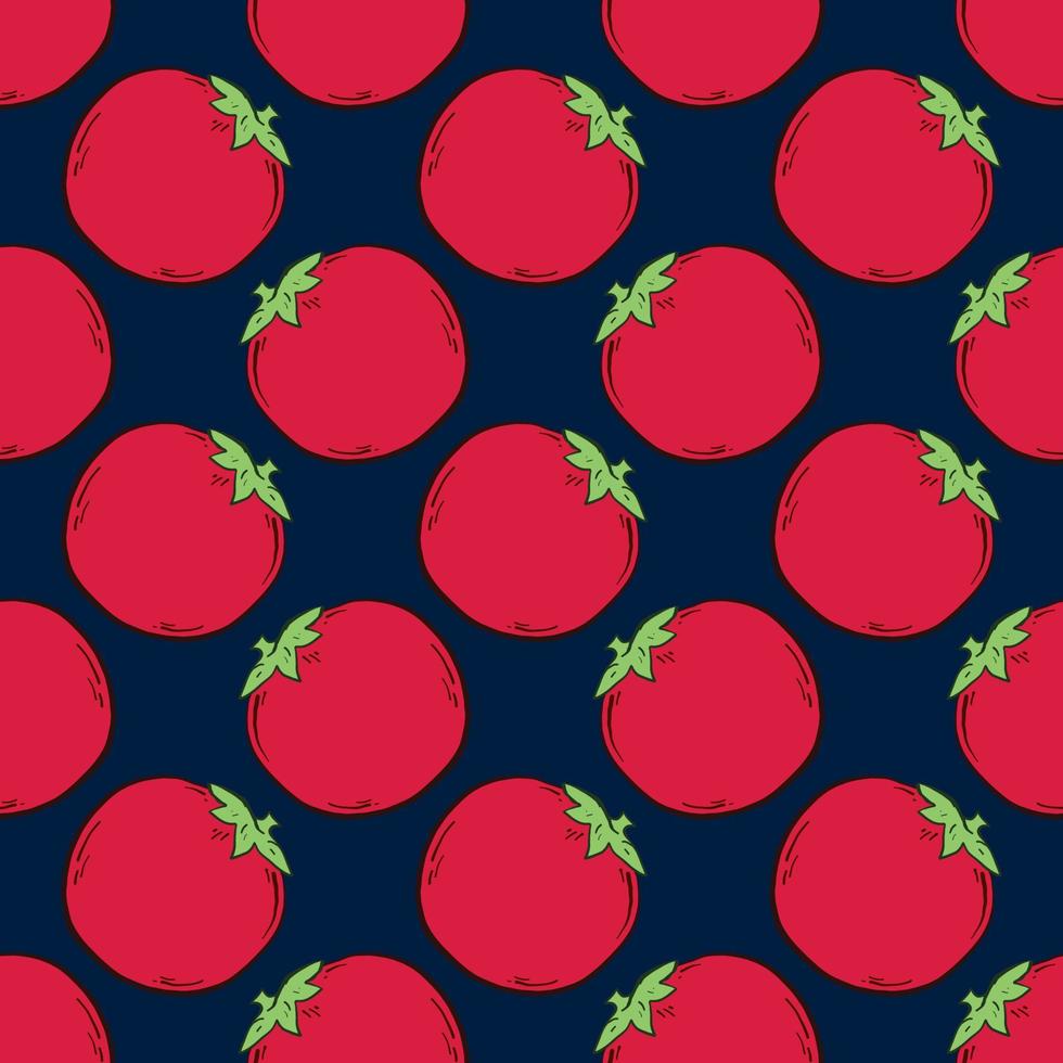 Red tomato, seamless pattern on dark blue background. vector