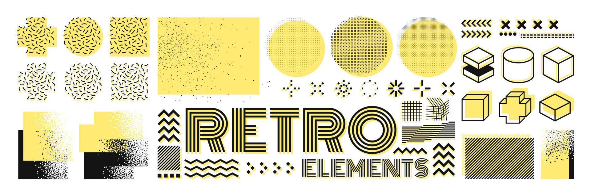 elementos de diseño vectorial de memphis. conjunto de gráficos retro, tendencias de diseño de los años 80 e ilustración de elementos geométricos antiguos. colección de símbolos de memphis aislados vectoriales vector