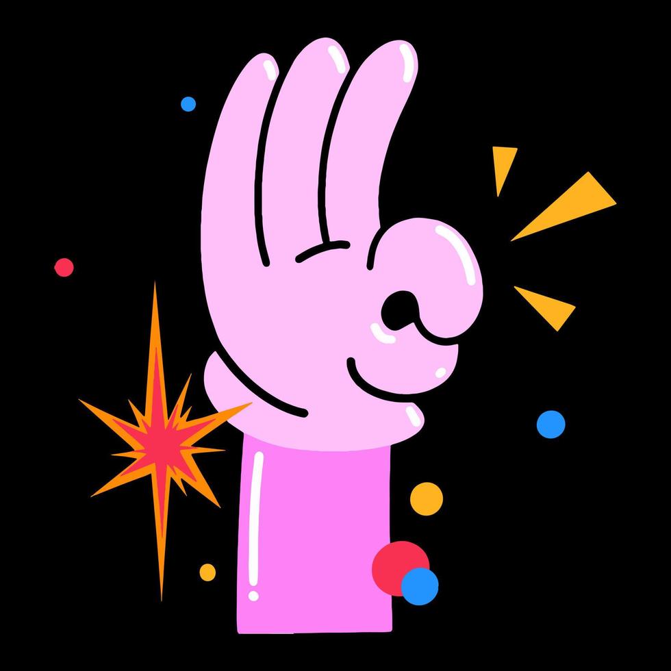 Vector illustration hand okay, bright hand drawn, Abstract comic icon, flat cartoon character in children's style