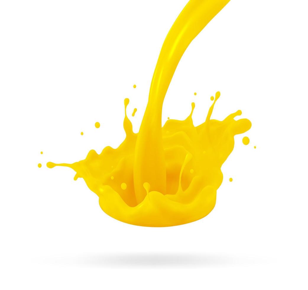 Orange juice, splatter orange splashes of paint, 3d realistic vector illustration