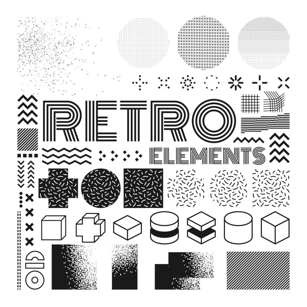 elementos de diseño vectorial de memphis. conjunto de gráficos retro, tendencias de diseño de los años 80 e ilustración de elementos geométricos antiguos. colección de símbolos de memphis aislados vectoriales vector