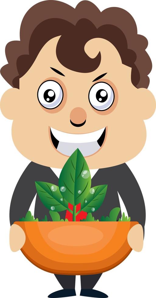 Man holding plant, illustration, vector on white background.