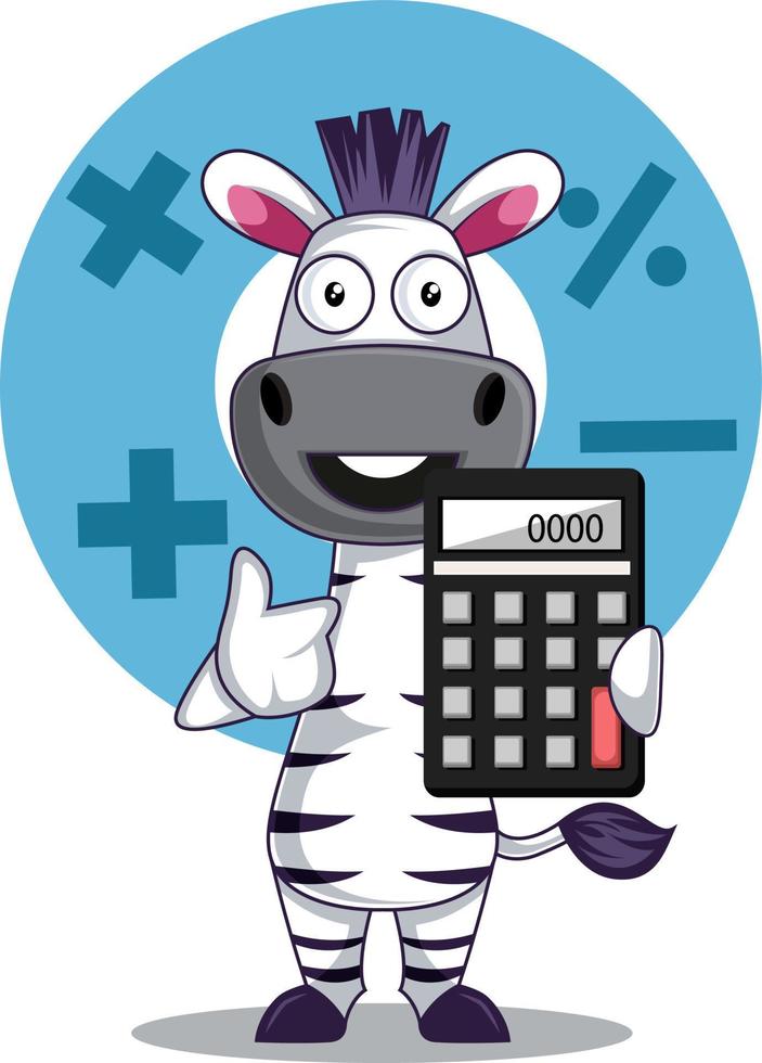 Zebra con calculadora, ilustración, vector sobre fondo blanco.