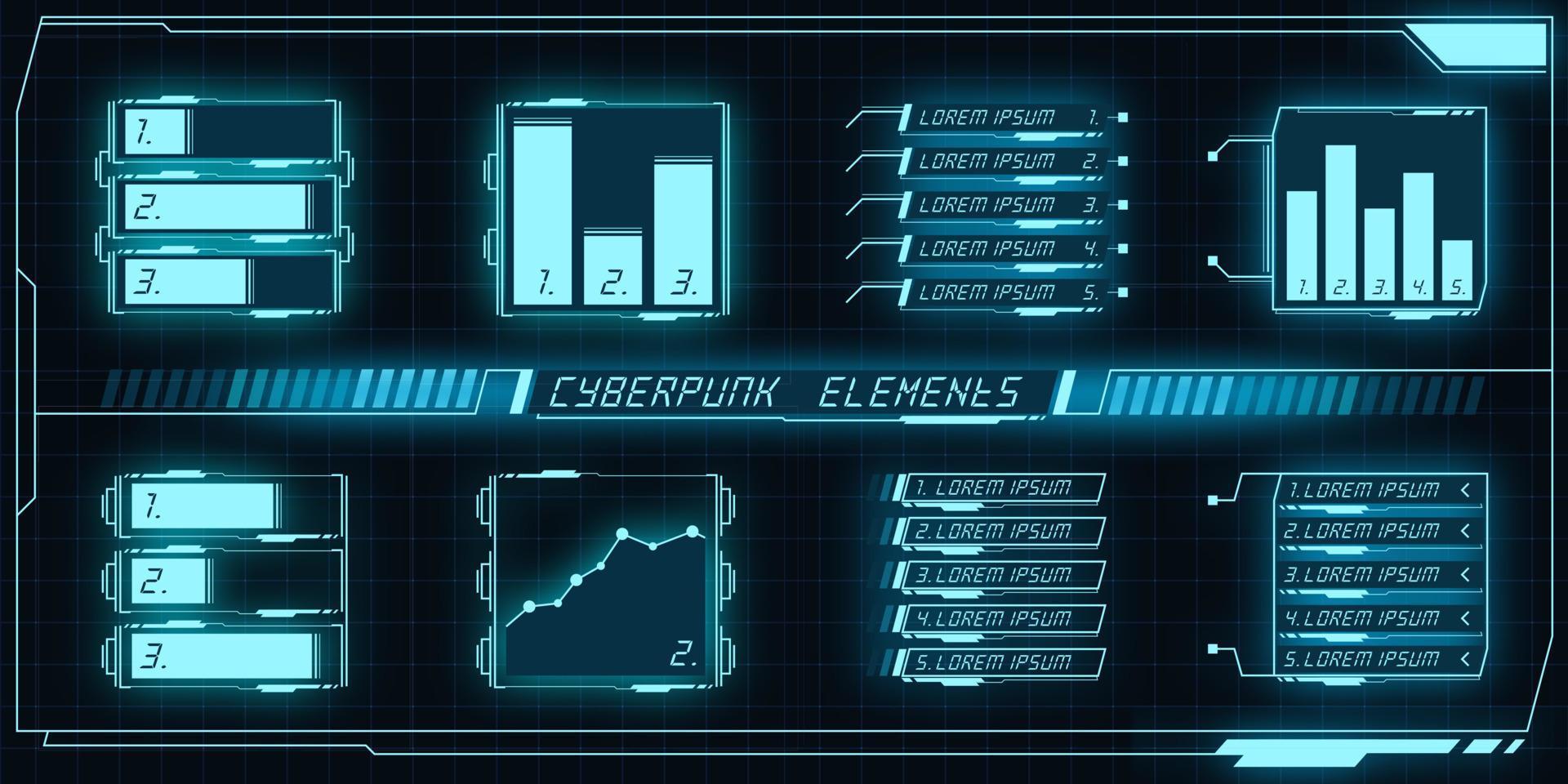 Scifi futuristic control panel collection of HUD elements GUI VR UI design Cyberpunk retro style. vector