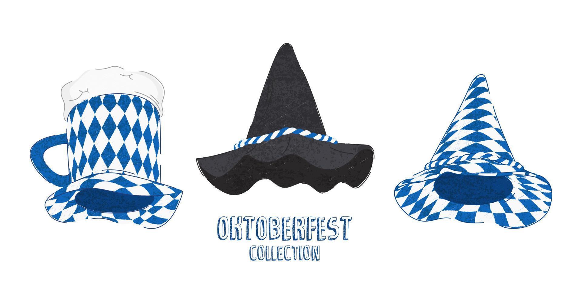 vector flat hand drawn illustration. Oktoberfest party hat. Traditional German felt hat.