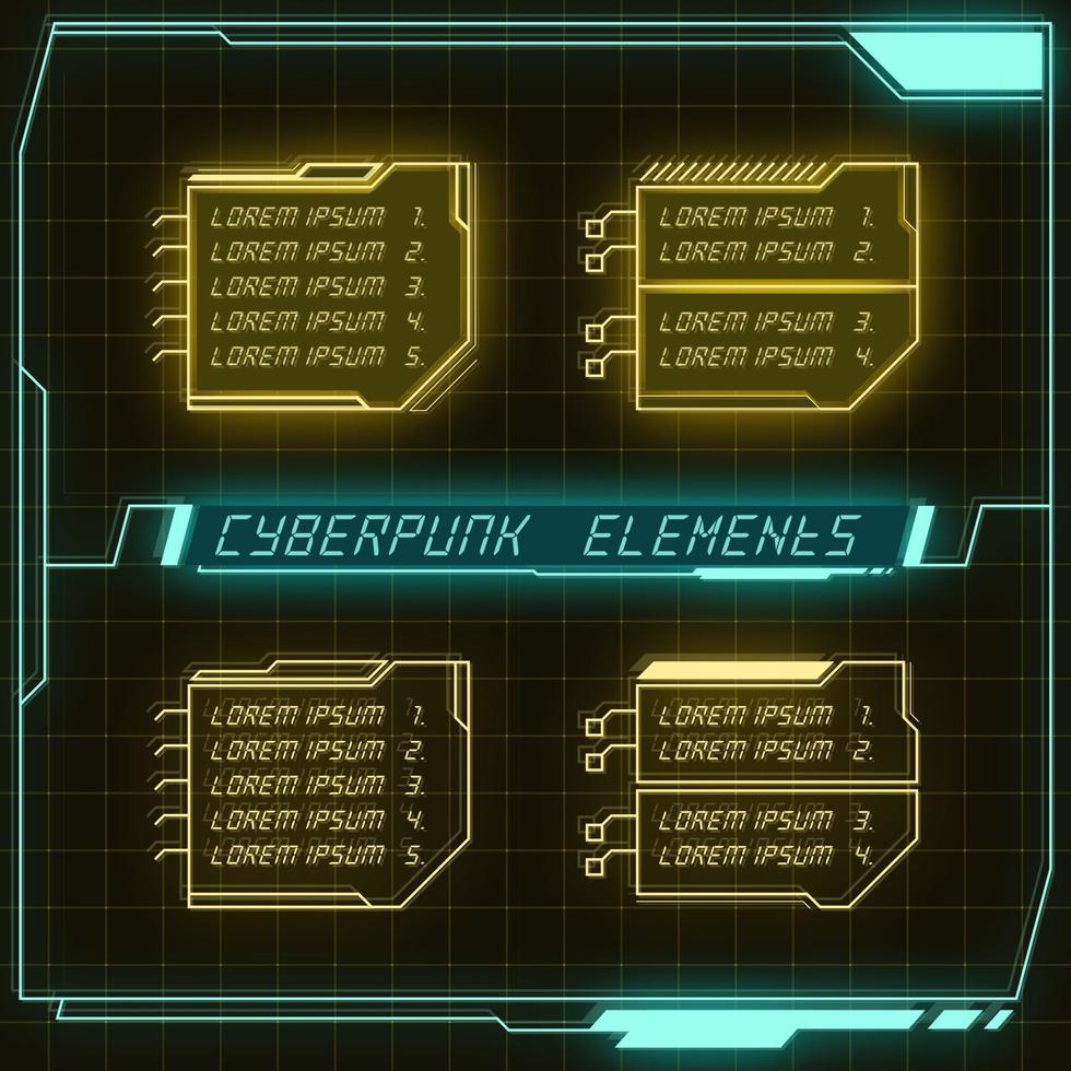 Scifi futuristic control panel collection of HUD elements GUI VR UI design Cyberpunk retro style. vector